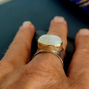 Rainbow Moonstone Hammered Ring Vintage 925 Sterling Silver and Brass